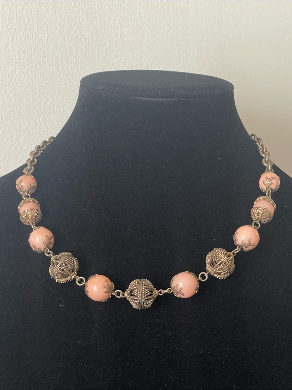 Carolee Coral Pink Bead Necklace with Gold-Tone Filigree Spheres